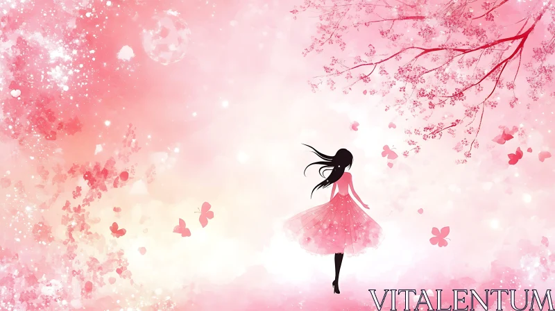 Pink Anime Dreamscape with Girl Silhouette AI Image