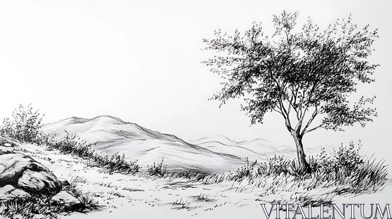 Ink Sketch of a Mountainous Landscape AI Image