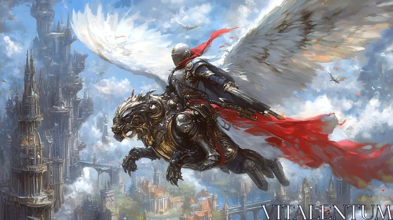 AI ART Winged Lion and Knight Over Metropolis