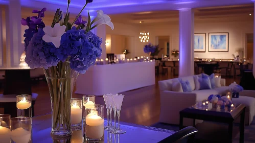 Blue-Toned Interior with Flowers and Candles