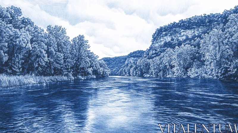 AI ART Blue-Toned River Scene with Trees and Cliffs