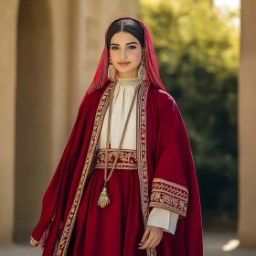 Woman in Red Dress with Gold Embroidery