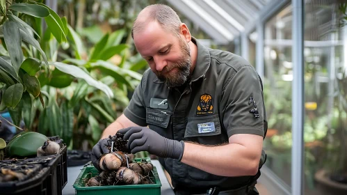 Greenhouse Gardener with Plant Bulbs