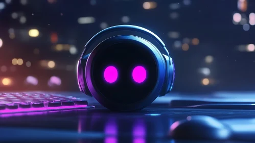 Neon Robot with Headphones on Desk