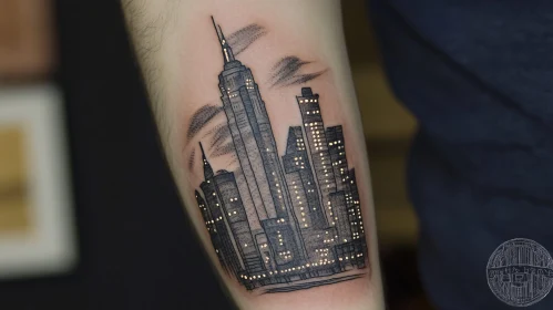 Cityscape Tattoo with High-Rise Buildings and Clouds