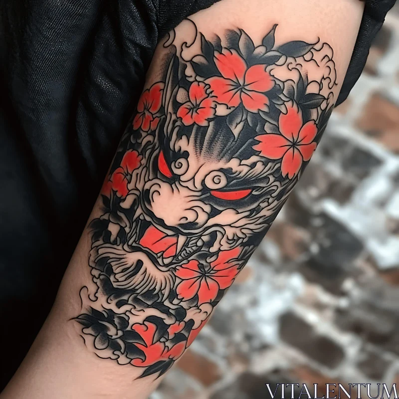 Bold Mythical Creature with Red Blossoms Tattoo AI Image