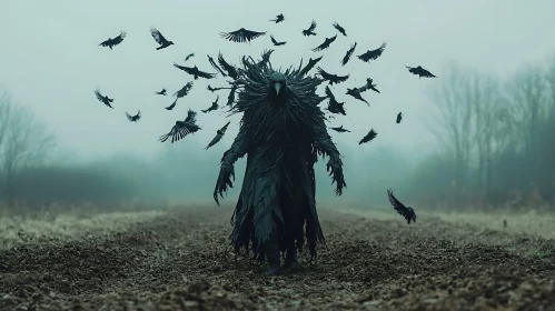 Dark Creature and Birds in Foggy Landscape