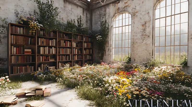 AI ART Floral Library with Books and Nature