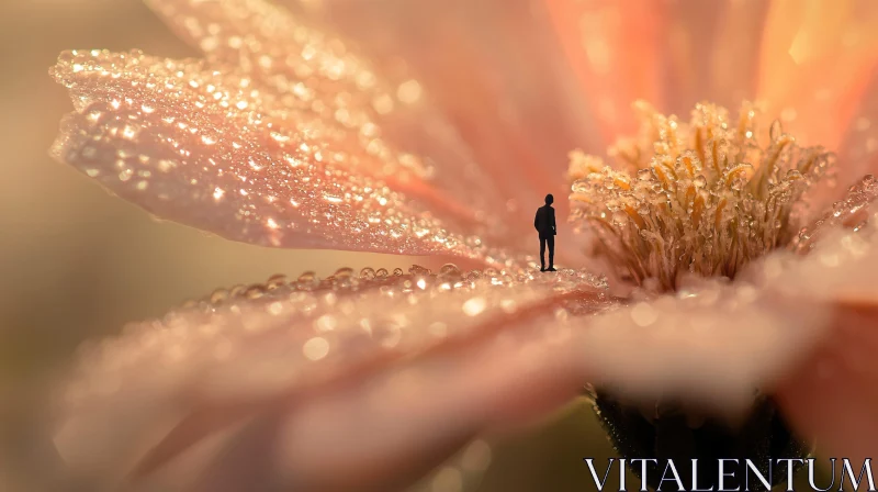 Tiny Figure on Dewy Flower Petal AI Image