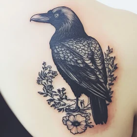 Detailed Raven Tattoo with Floral Accents