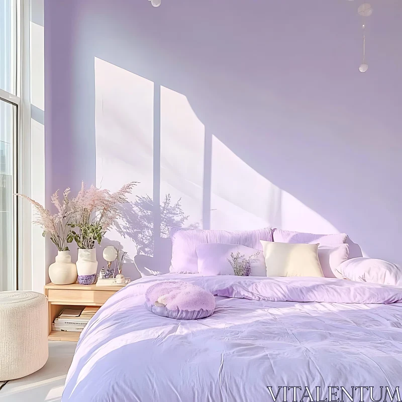 Calm Lilac Bedroom with Natural Light AI Image