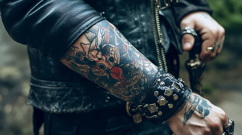 Tattooed Arm with Leather Jacket and Studded Bracelet