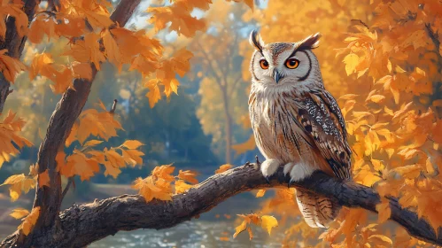 Owl on a Branch in Fall