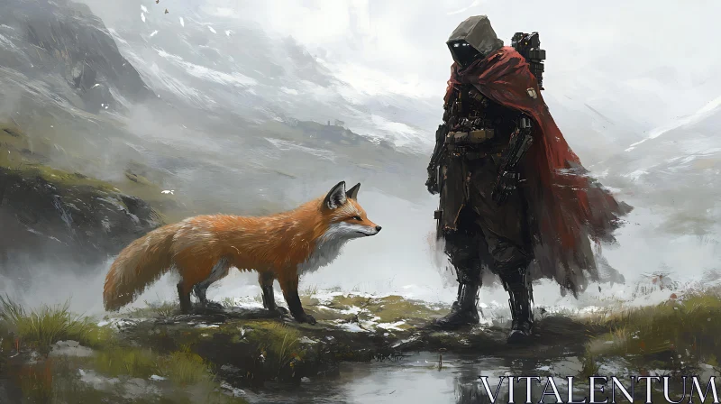 Robot and Fox in Misty Mountains AI Image