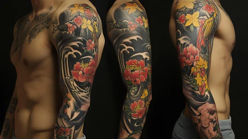 Full Sleeve Tattoo Design with Flowers and Patterns