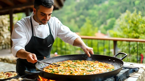 Outdoor Cooking with Chef Preparing Paella