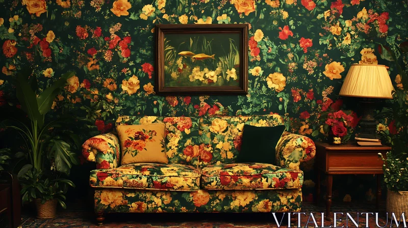 AI ART Floral themed Living Room with Vintage Furniture