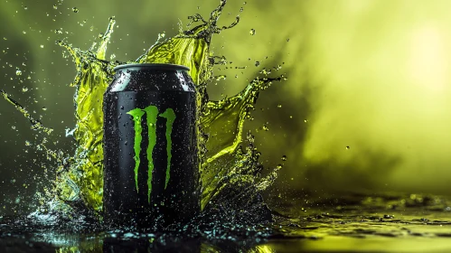 Black Can of Energy Drink Amidst Green and Yellow Splash