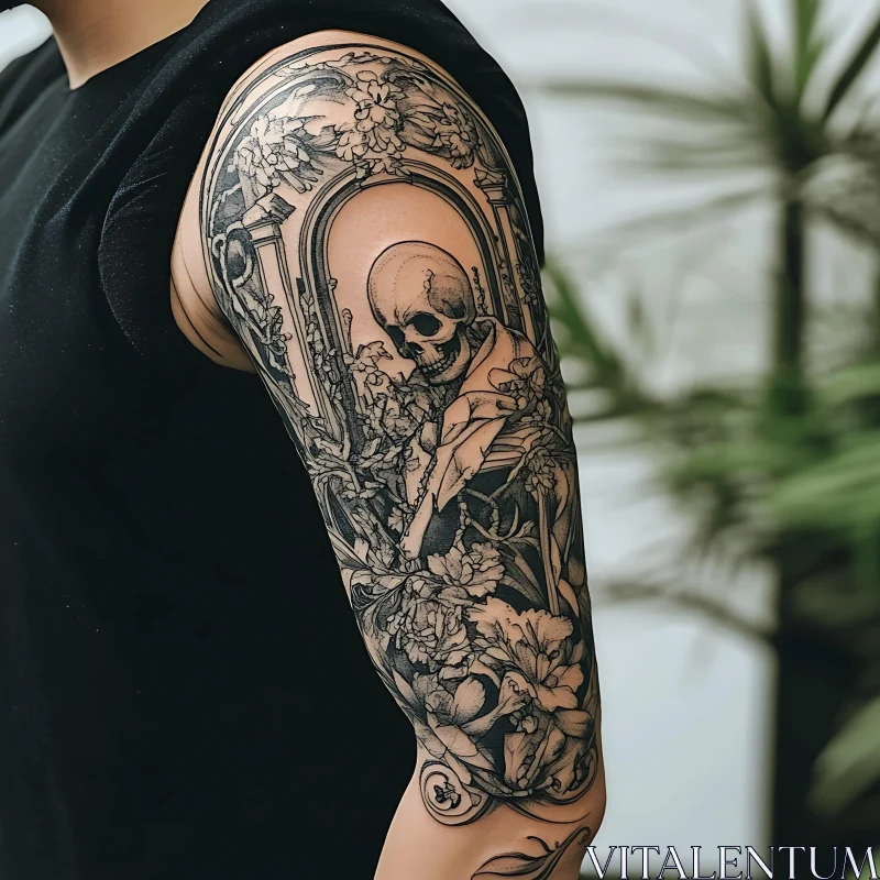 Detailed Arm Tattoo with Skull and Flowers AI Image