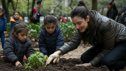 Children Planting With Woman In Park