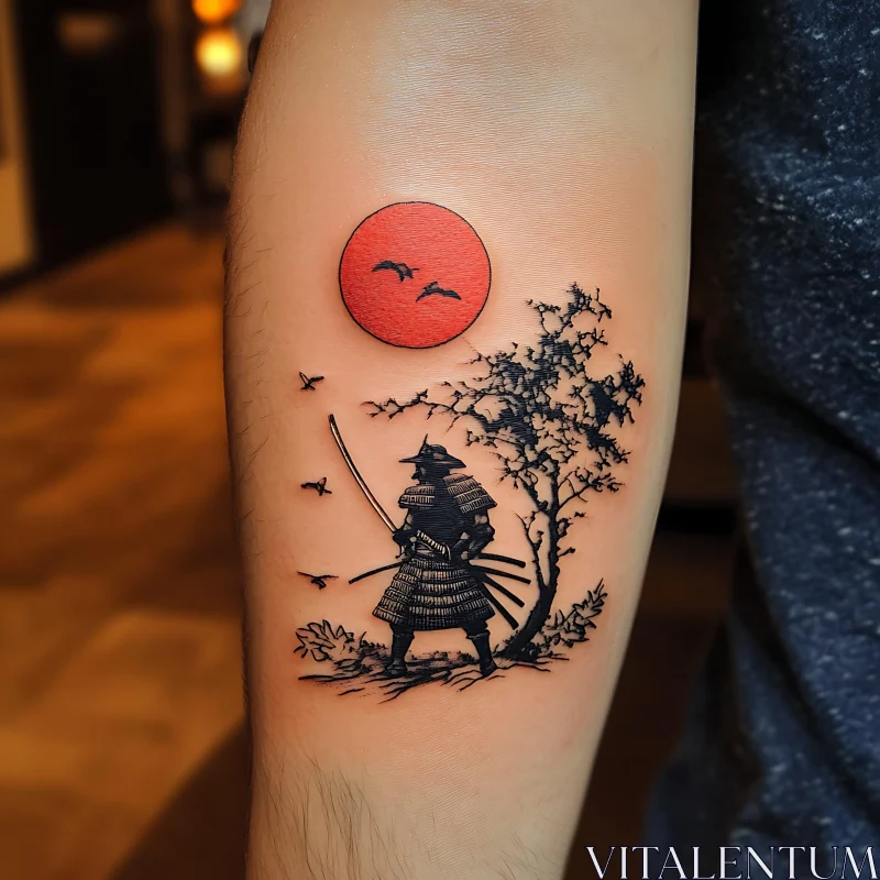 Japanese Samurai and Red Sun Tattoo AI Image