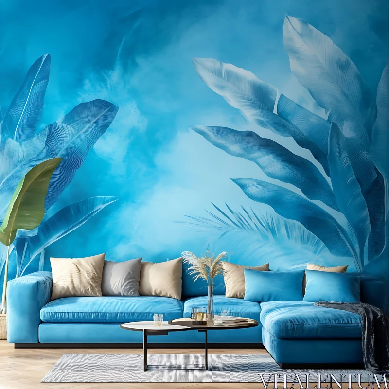 AI ART Blue Sofa with Leaf Design Backdrop