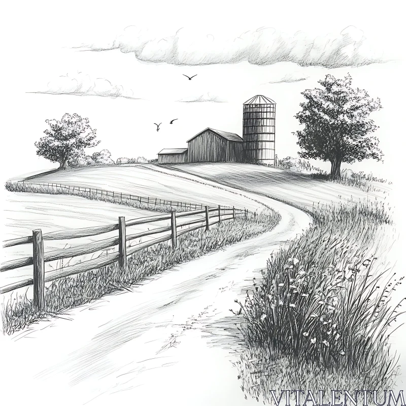 Pencil Farm Drawing: Countryside Scene AI Image