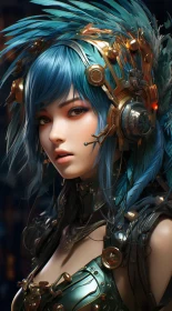 Cybernetic Woman with Blue Hair and Feathered Headpiece