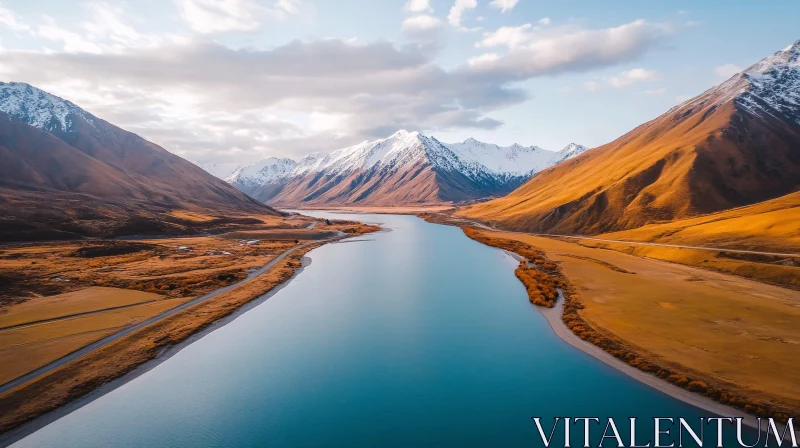 AI ART Scenic Landscape with Lake and Mountains from Above