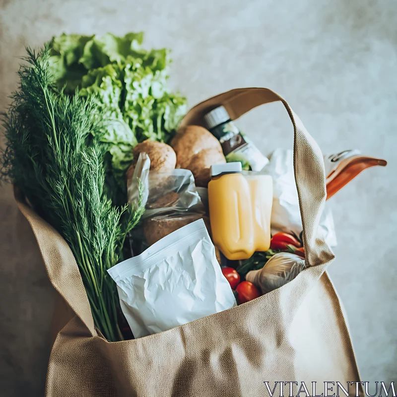 Bag of Fresh Groceries - Leafy Greens, Potatoes, and More AI Image