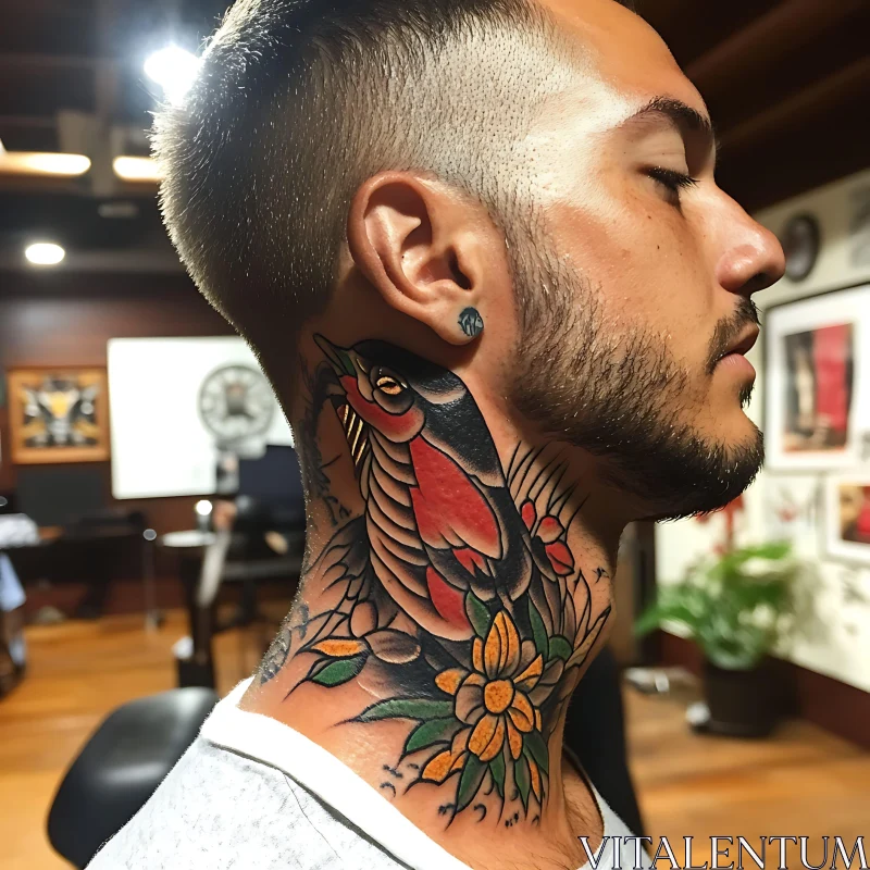 Vibrant Bird Neck Tattoo on Man AI Image