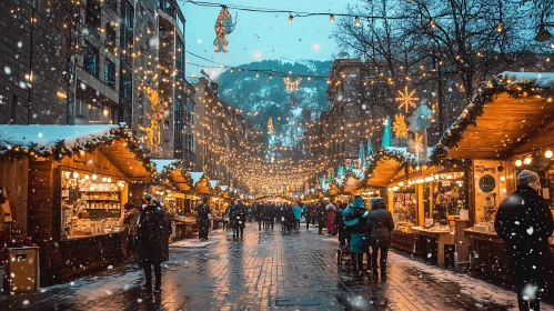 Festive City Market in Winter Snowfall