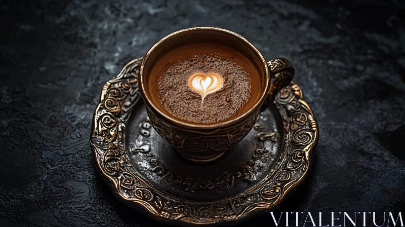 Antique Coffee Cup with Heart-Shaped Latte Art AI Image