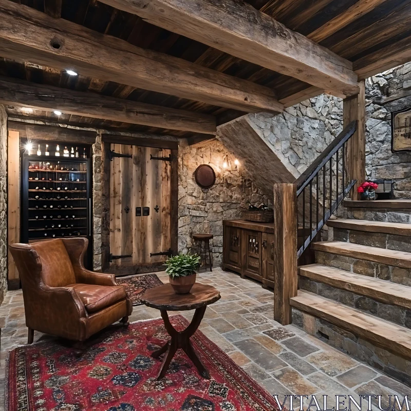 AI ART Cozy Stone Interior with Wine Storage