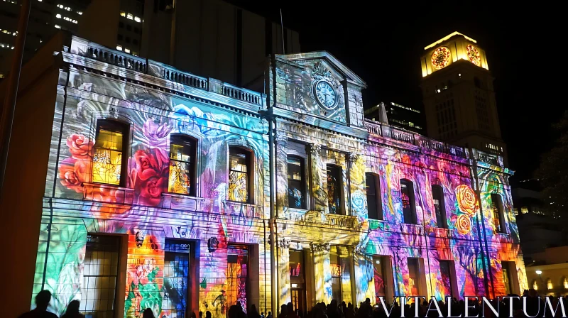 Colorful Nighttime Light Show on Historic Architecture AI Image