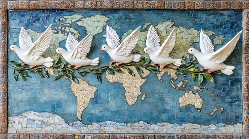 Global Harmony: Doves on World Mosaic