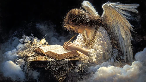 Celestial Angel Writing in Book