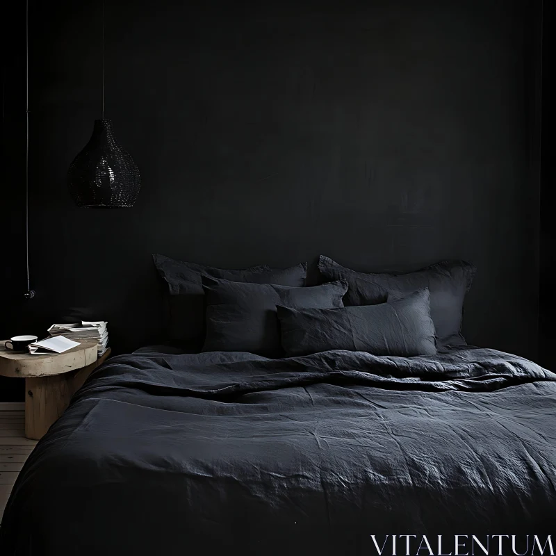 Minimalist Bedroom with Dark Linens AI Image