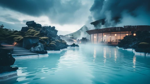 Ethereal Landscape: A Dark Atmosphere with Steam and Sulphur Hot Tub