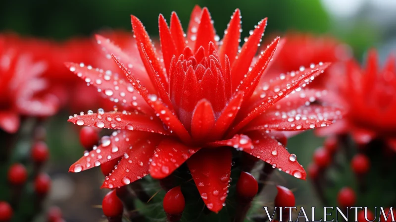 Exotic Red Aristata Flower with Water Droplets AI Image