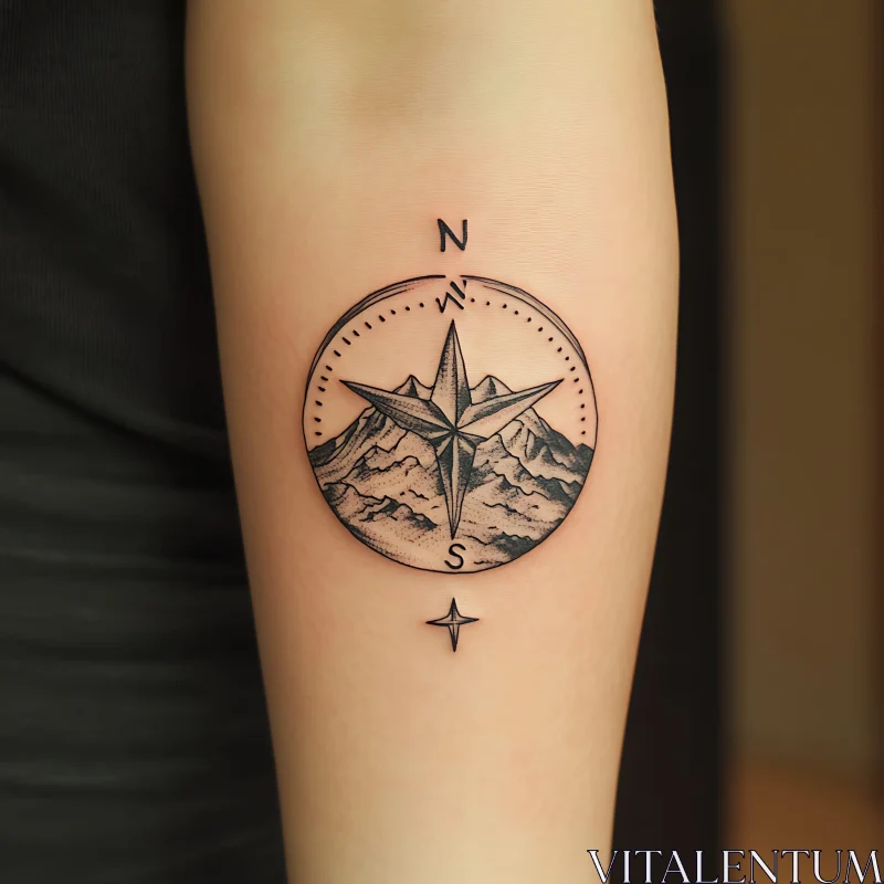 Adventure Compass and Mountain Tattoo Design AI Image