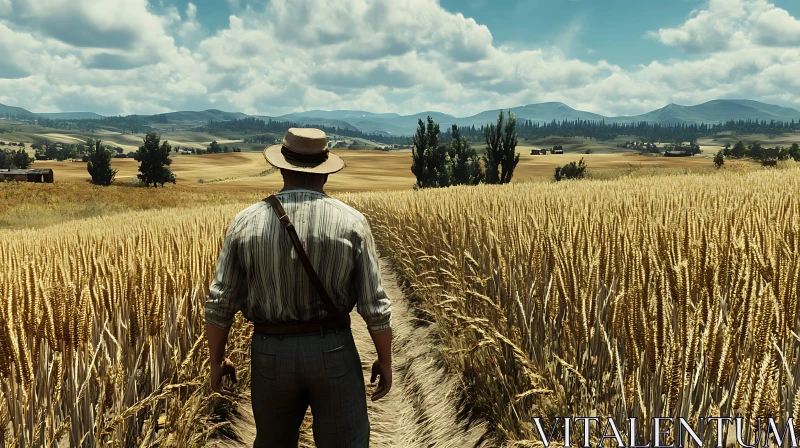 Rural Landscape with Man in Wheat Field AI Image