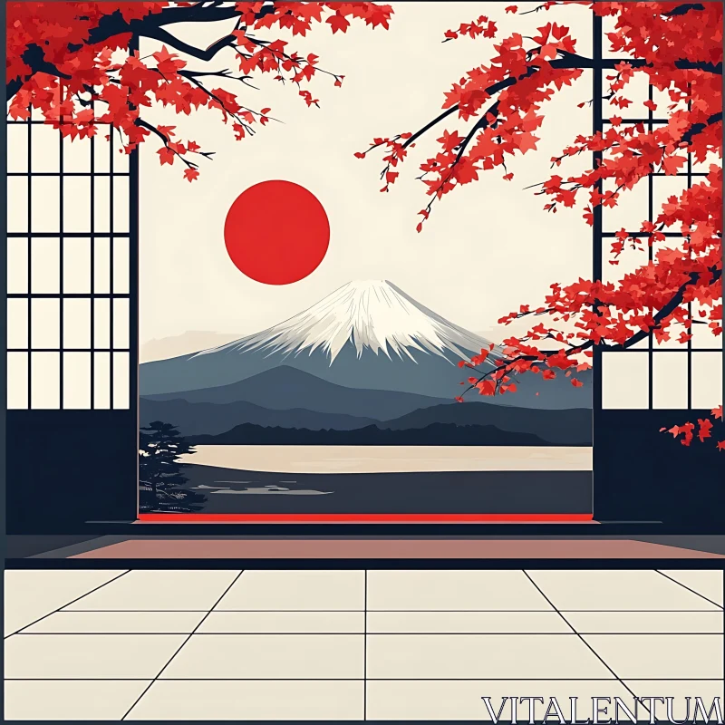 AI ART Fuji Window View with Red Sun