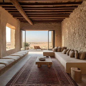 Serene Desert Living Room with Stone Walls