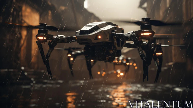 Futuristic Drone Soaring in Rain Over Amber-lit City AI Image