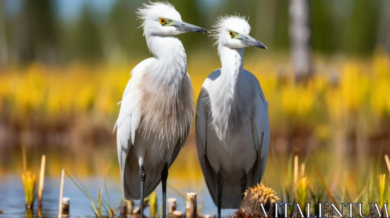 Graceful White Birds in a Serene Marsh | Captivating Nature Photography AI Image