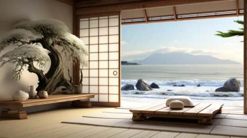 Japanese-Inspired Tranquil Coastal Scenery through a Wooden Doorway