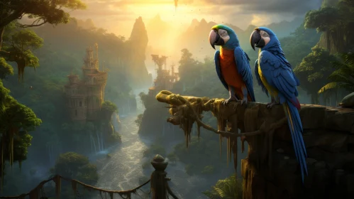Mystical Jungle Scene with Parrots and Fantastical Machines