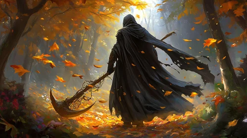 Cloaked Figure in Forest of Falling Leaves