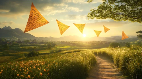 Tranquil Landscape with Flags